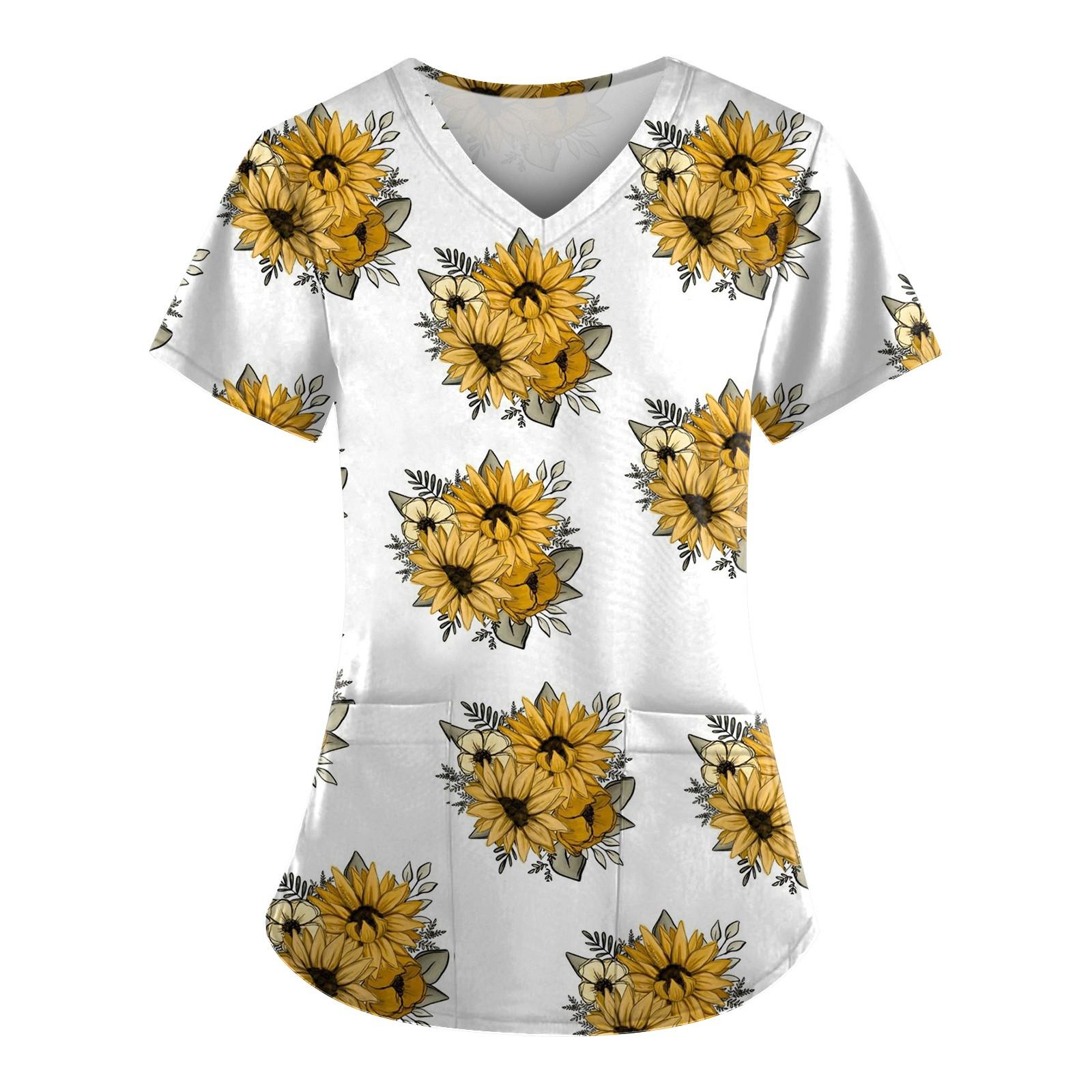 

Женская мода, рабочая одежда с v-образным вырезом, короткими рукавами и карманами, топы с принтом, летние топы для женщин M белый