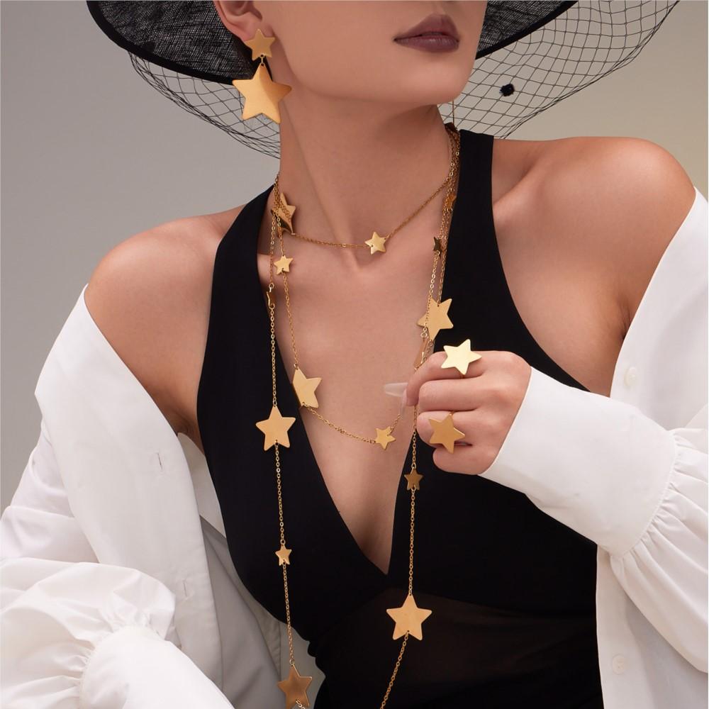 Stainless Steel Star Necklaces Earrings Rings for Women 18k Gold Plated Sweater Chain Long Necklace Earring Ring Jewelry Set