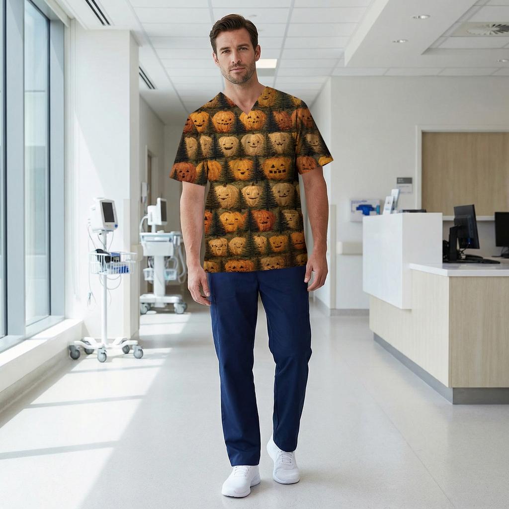 Men's V Neck Halloween Print Scrub Top with Chest Pocket and Two Front Pockets for Healthcare Professionals Workwear
