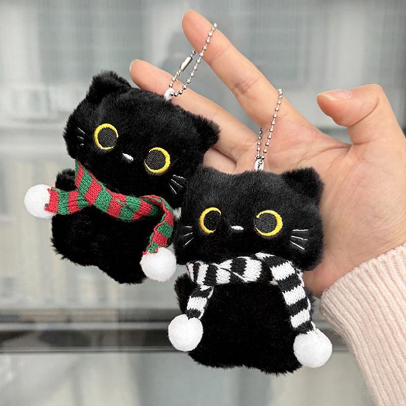 Cute Black Cat Pendant Plush Cartoon Kitten Doll Keychain Backpack Schoolbags Keyring Charm Accessories Party Fevor Gifts