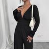 Women Deep V Ribbed Jumpsuit High Waist Ruched Wide Leg Long Sleeve Elegant Casual Jumpsuits