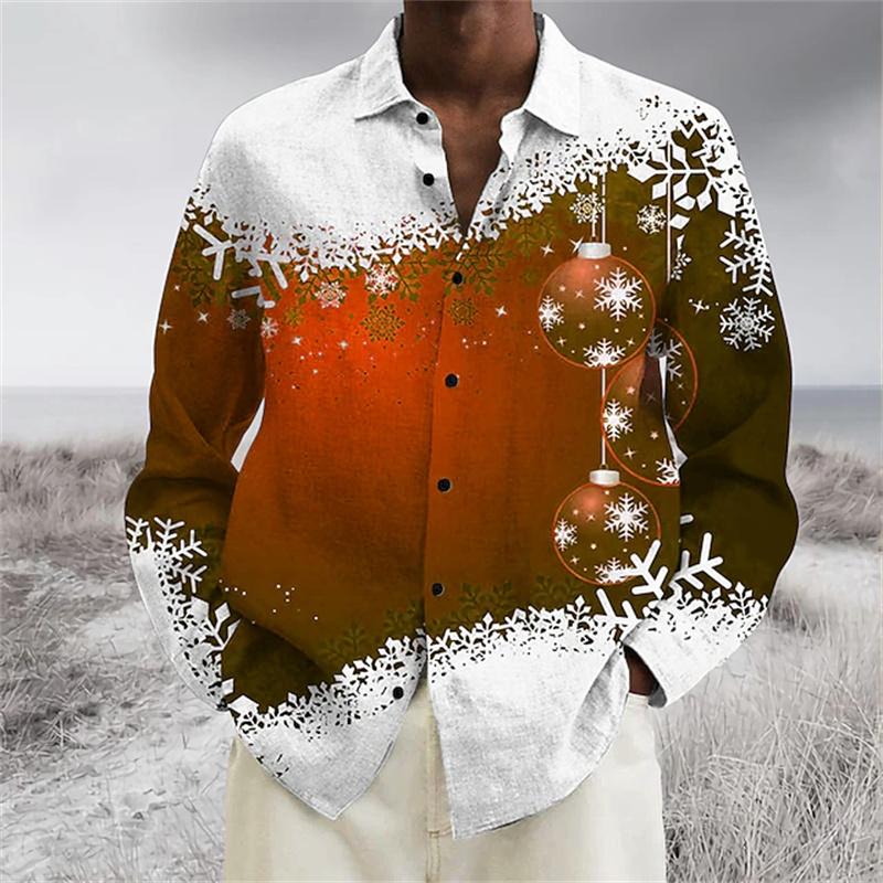 Christmas Men's Long-Sleeve Shirt, Red and White Color Block, Christmas Ball and Snowflake Pattern, Holiday Party Shirt
