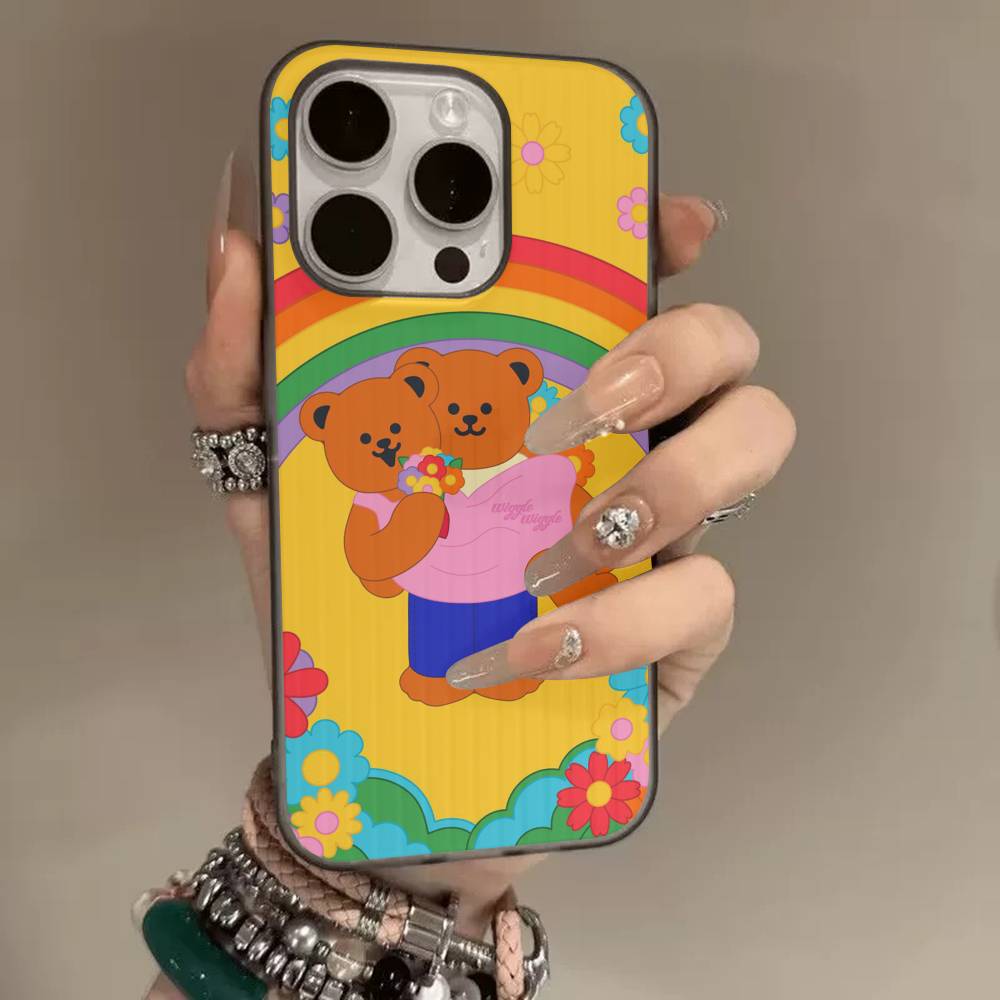 Cartoon Cute bear Phone Case For iPhone 16 15 17 Pro Air 11 12 13 14 Pro Max Plus Soft Ripple Silicone Cover Shell