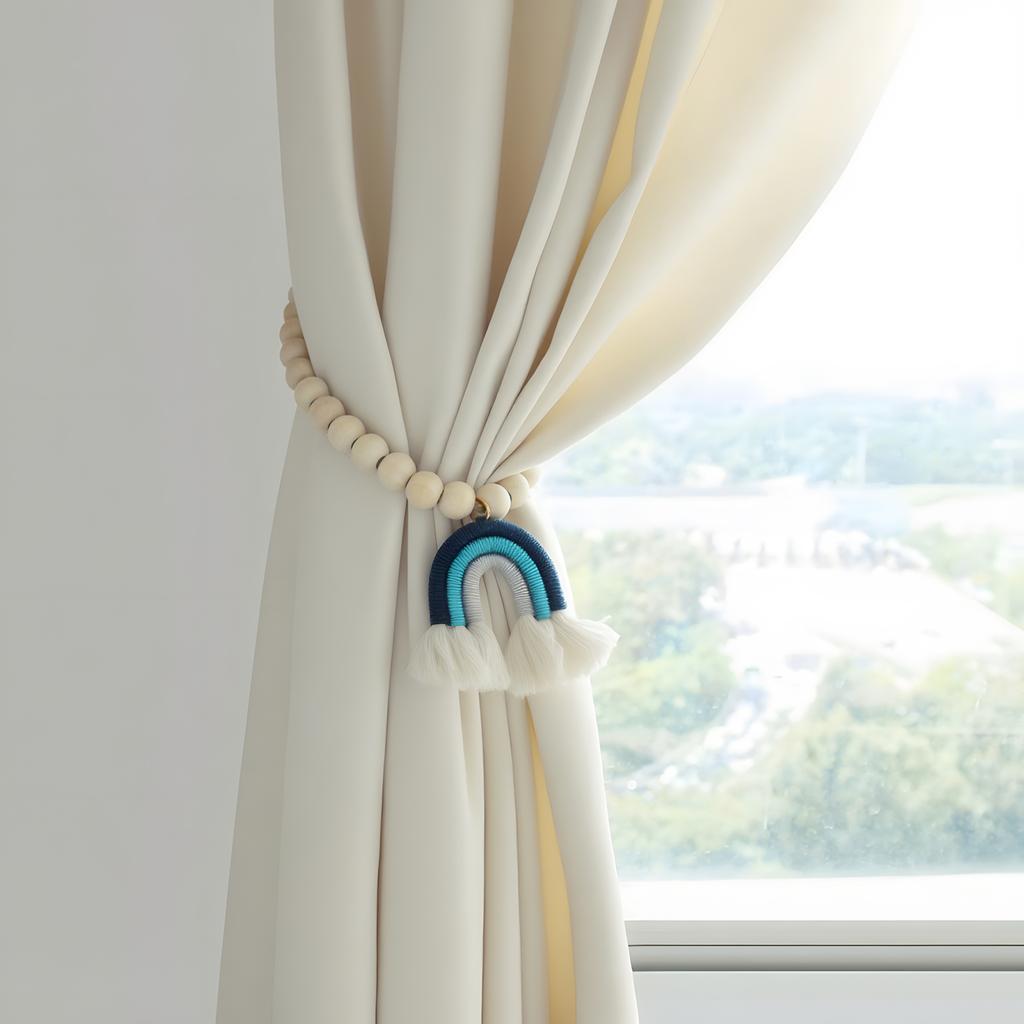 2 pcs Magnetic Wooden Bead Curtain Tiebacks Minimalist Rainbow Tassel for Bedroom Living Room Patio