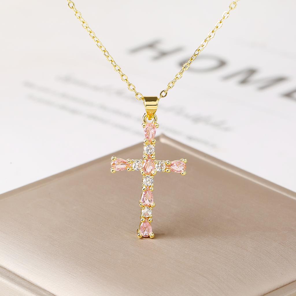 Shiny Rhinestones Cross Necklace Colorful Cubic Zirconia Pendant Christian Religious Zircon for Women Fashion Choker Gift