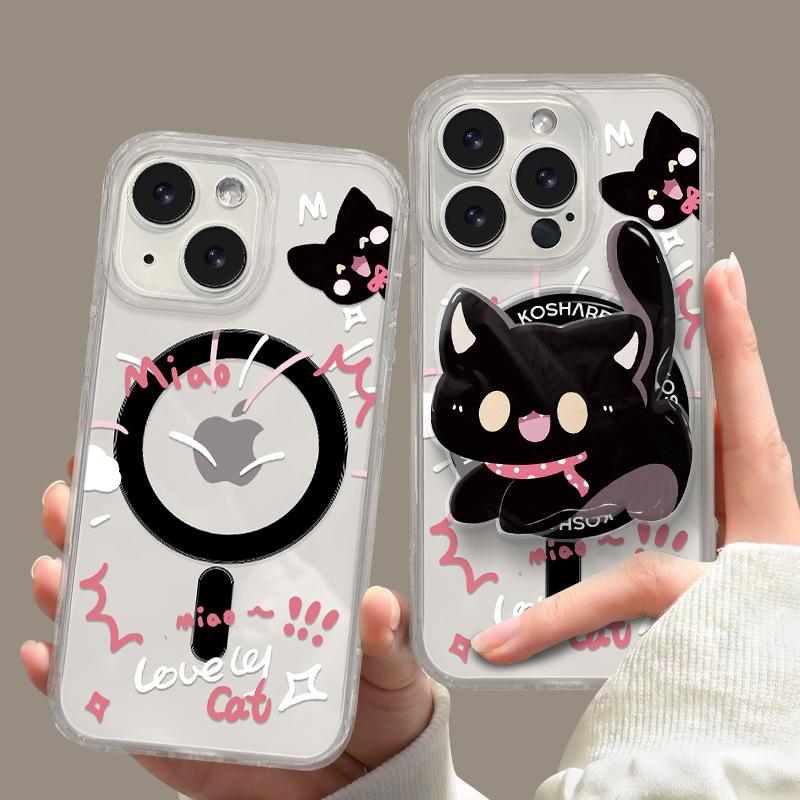 Black cat magnetic bracket bracelet is suitable for Apple 16promax mobile phone case 13 transparent silicone 15 cute 14 girls