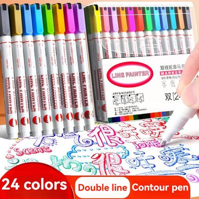Double Line Outline Pens 12/24 Colors Self-Outline Metallic Markers Glitter Writing Drawing Pen for DIY Art Crafts Scrap Booking
