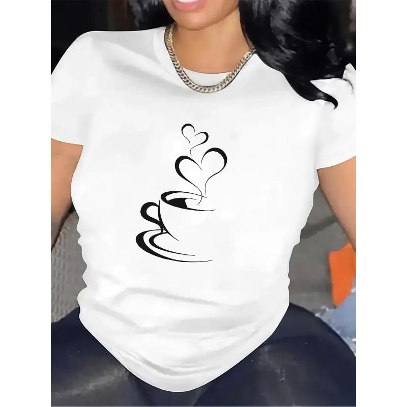 Women's Heart Steam Print Tee Short Sleeve Casual Crew Neck Top for Restaurant & Daily Wear