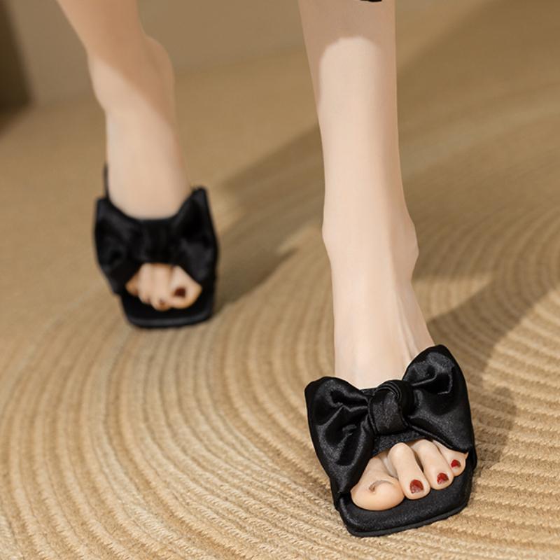 Fashion Bow Women Mid Heels Slippers Designer Heeled Sandals Woman Shoes 2025 Summer Dress Stilettos Pumps Fad Brand Sandalias De Mujer
