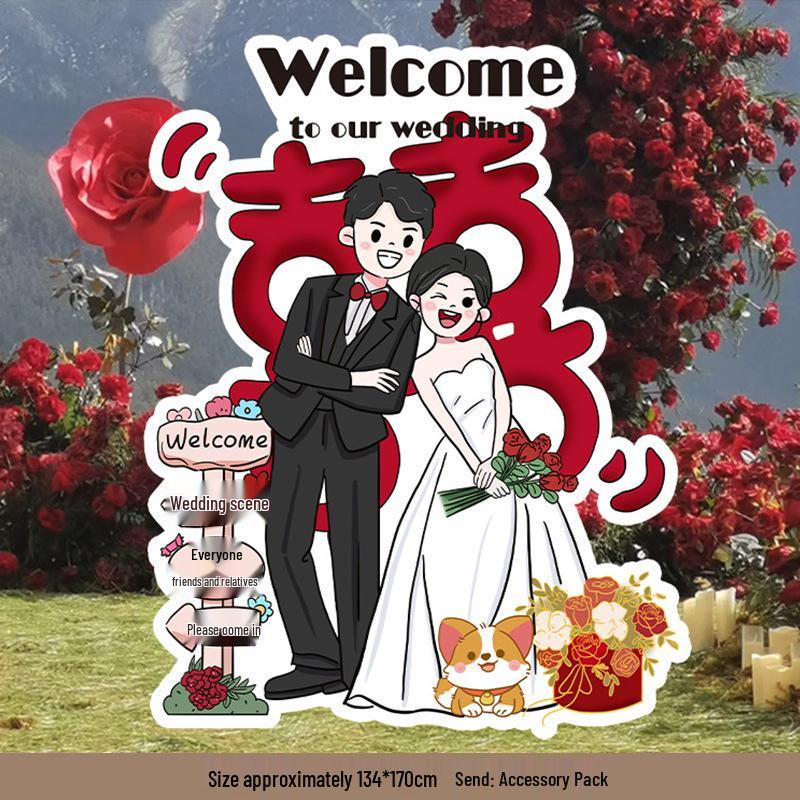 Welcome Sign Wedding Standee: Hand-Painted Cartoon Figure Poster Board for Event Decoration