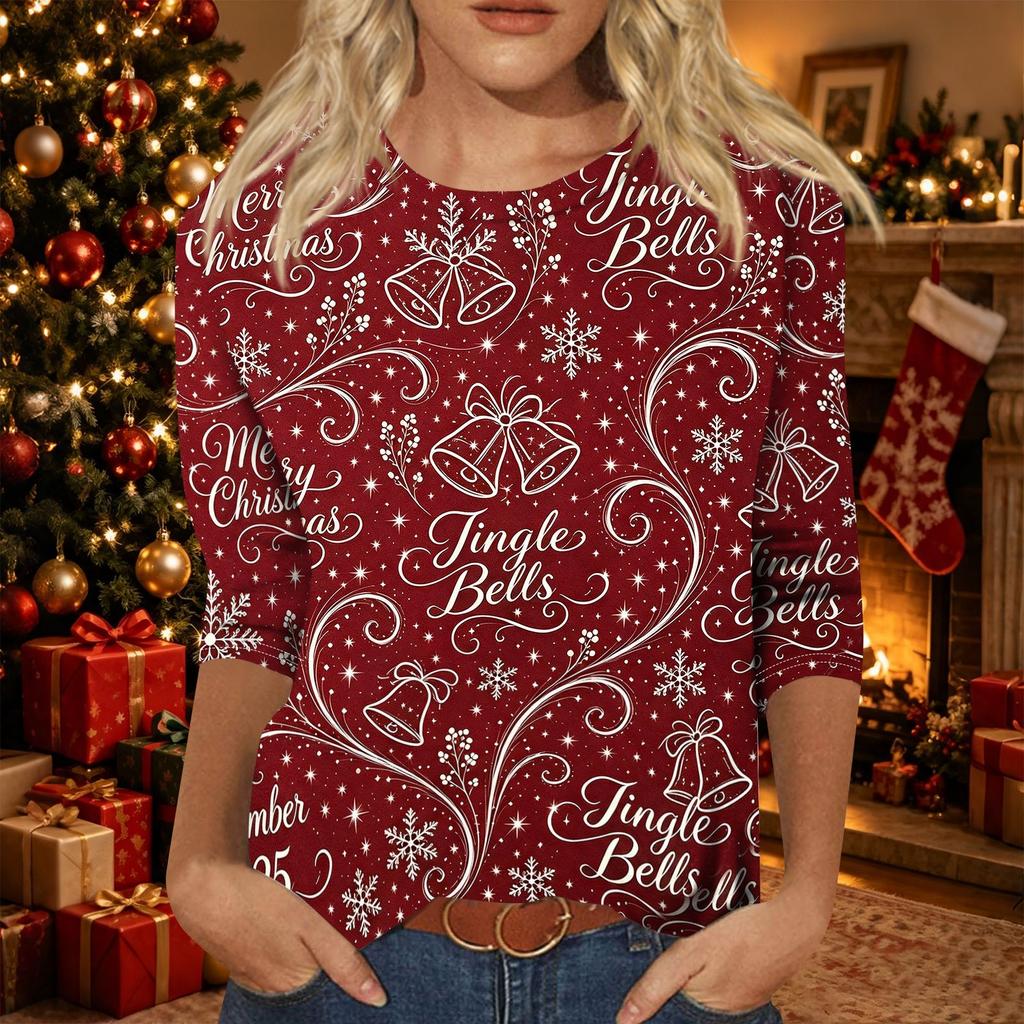 Women's Casual Three-Quarter Sleeve Christmas Print Round Neck Top