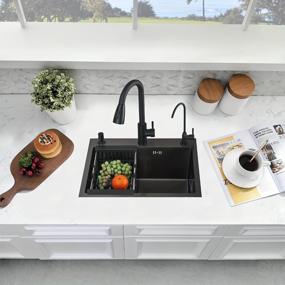 Drop In Kitchen Sink 304 Stainless Steel Workstation Sink Fast Drain Anti-Clog Topmount Single Bowl with Pull-Out Faucet
