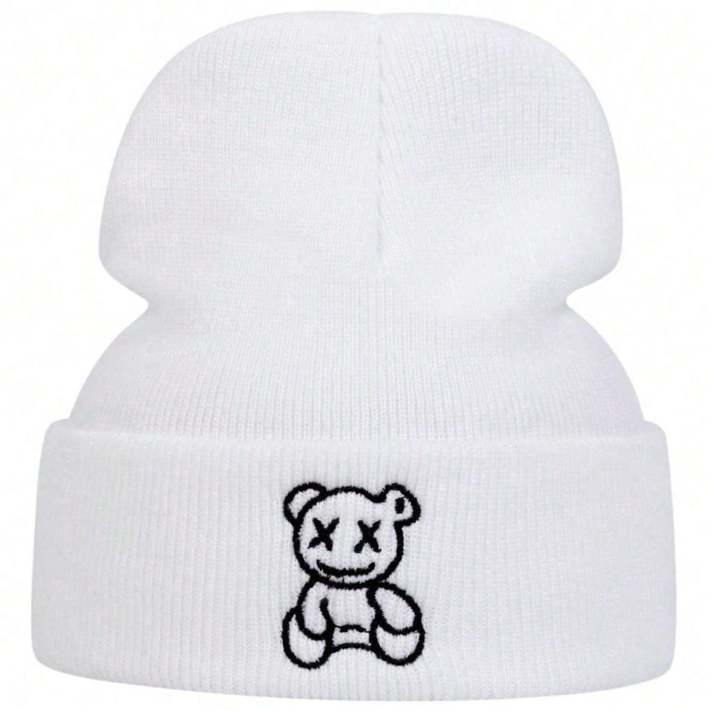Fashionably Unisex Cute Little Bear Cartoon Embroidery Knitted Hat Men Leisure Travel Winter Hats Beanies Cap Hip Hop Caps