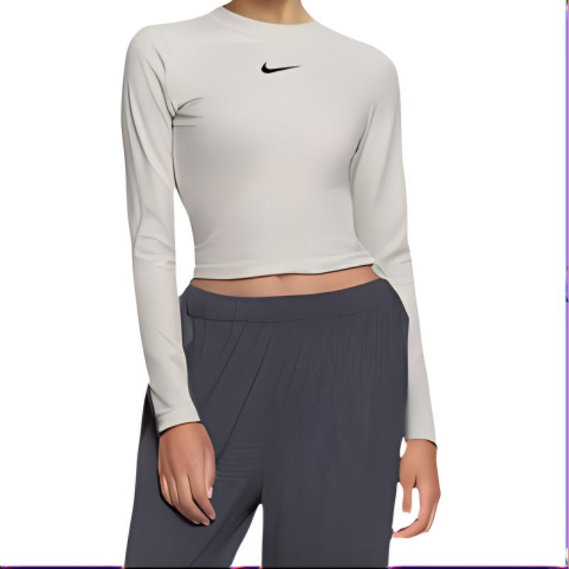 Nike Logo-Print Rundhals Cropped Slim Fit Langarm-T-Shirt Damen Oberteile Hellbeige DV7819-072
