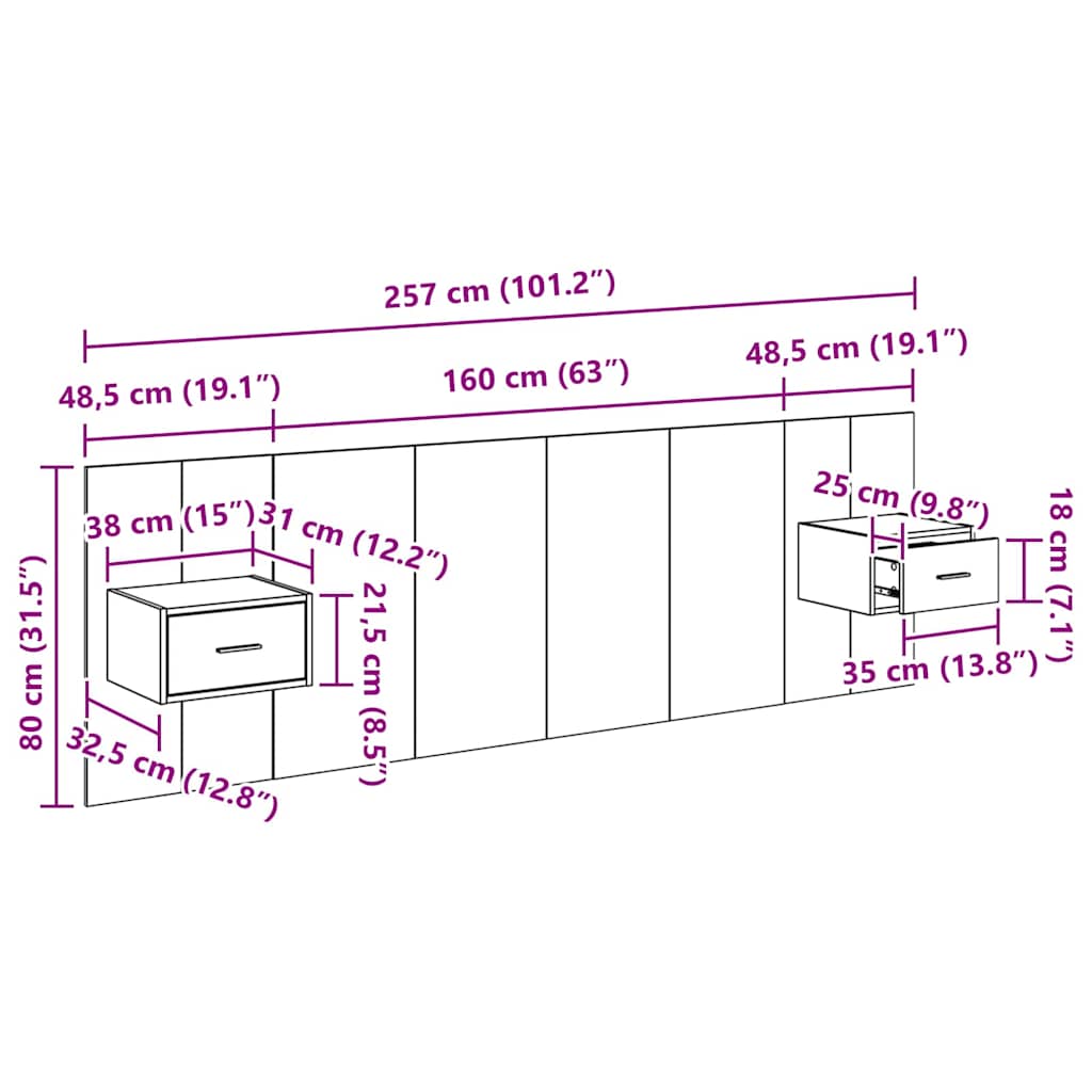 Headboard with Cabinets 3 Piece Set Black Oak Effect Wood Based Material
