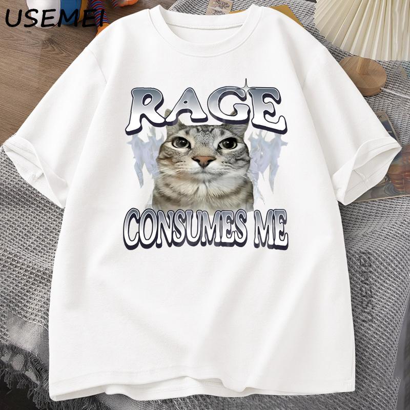 Rage Consumes Me Cat T Shirt Funny Cat Meme Printed TShirt Vintage Unhinged Silly Cat Graphic Tee Humor Cotton Short Sleeve Tee