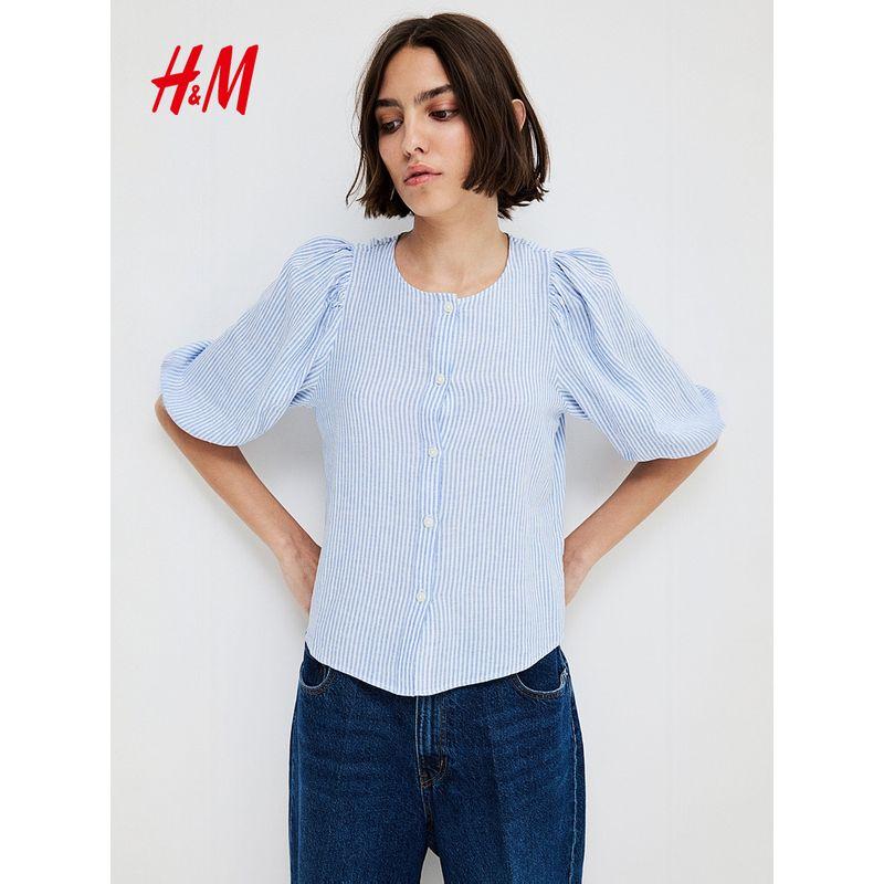 

HM Women clothes Shirts 25 Summer Relaxed Feeling Linen Blend Shirts Commuter Puff sleeve Print Shirt 1256527