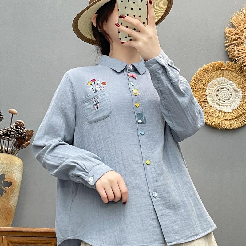 Spring 2026 Women's Cartoon Embroidery Gauze Long Sleeve Cardigan Shirt
