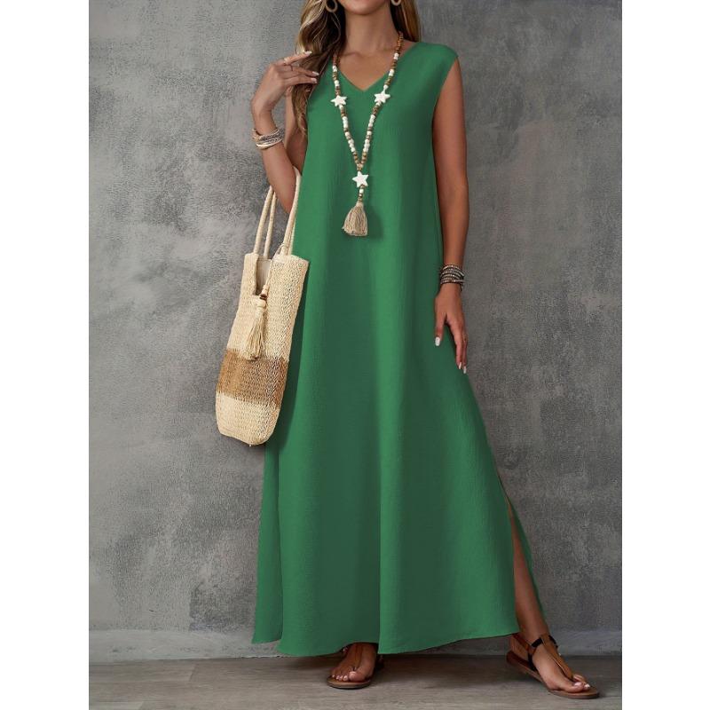 JKASHDK Women's Fashion Summer Spring Solid Color Print Sleeveless V-Neck Loose Waistline Casual Dresses