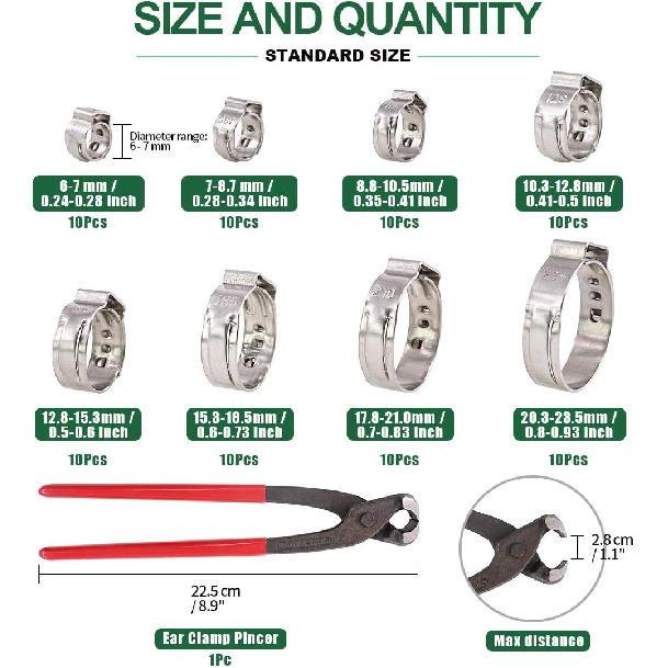 Keadic 80Pcs Single Ear Hose Clamps,1/4"-15/16" Stepless Ear Clamps with Ear Clamp Pincer 304 Stainless Steel Ear Clamps Cinch Clamp Rings Crimp Hose
