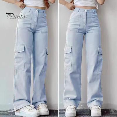 Damen-Cargohose, mittelhoher Bund, Knopfleiste, Reißverschluss, lässige Hose mit mehreren Taschen, gerades Bein, lockere Passform, einfarbig, lange Hose