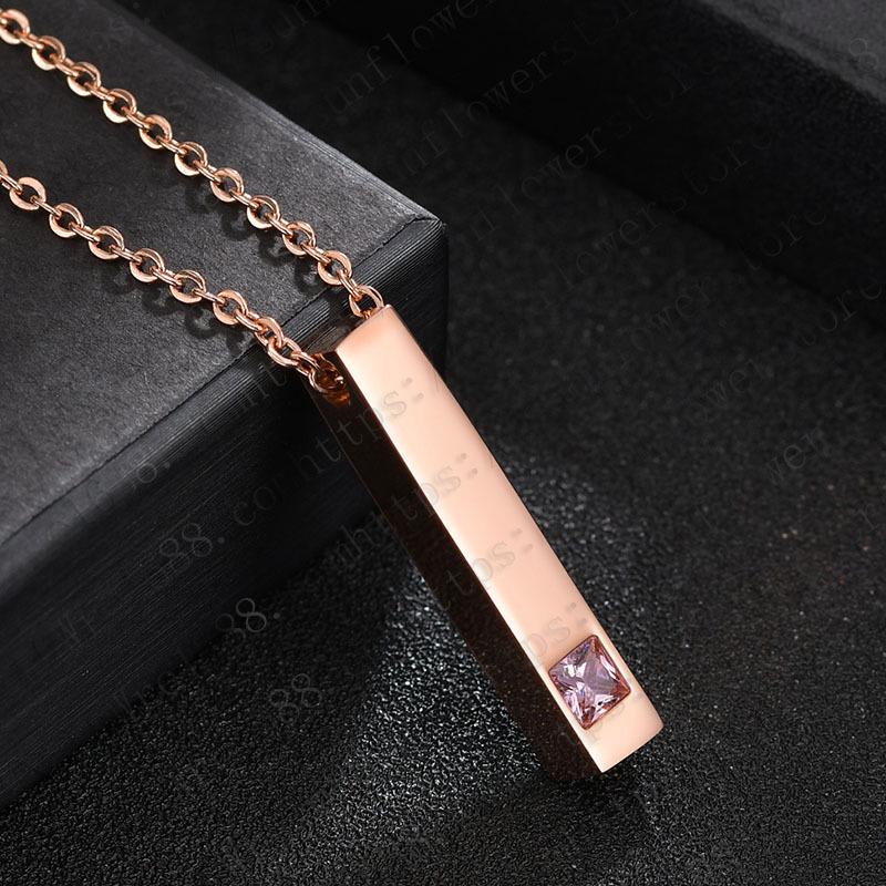 Titanium Steel Rectangular Cylinder Pendant with Four-Sided Laser Engraving In Rose Gold and Diamond for Couples