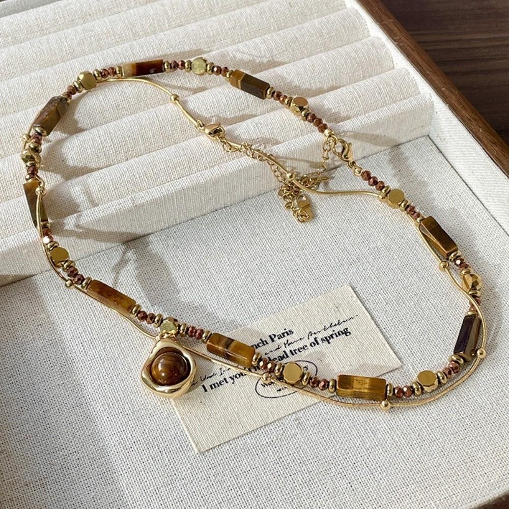 Temperament Layered Tiger Eye Stone Pendant Necklace Alloy Neck Charm Sweater Chain Daily Jewelry Stacking Clavicle Chain