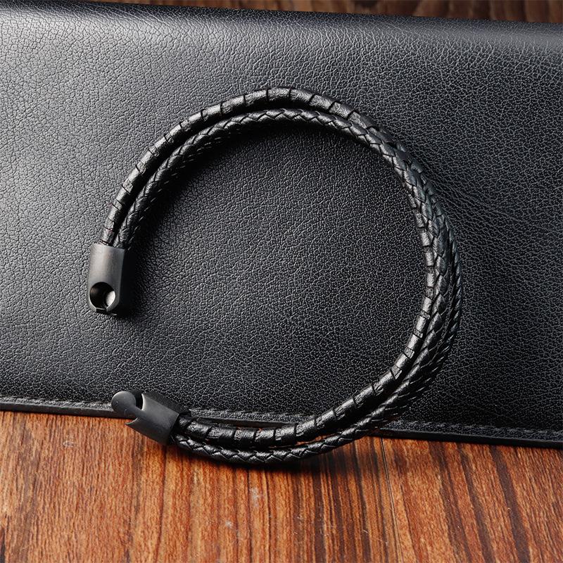 Men's Black Leather Bracelet Stainless Steel Double Layer Braided Wristband Fashion Handmade Cowhide Rope Jewelry Accessories