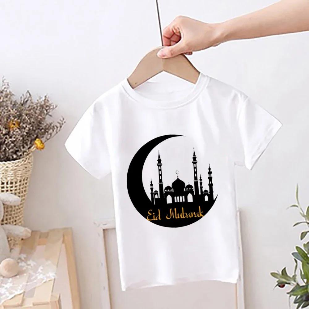 Moon Star Ramadan Printed Kids Shirt Child Ramadan Eid Tshirt Outfit Girls Boys Tops Short Sleeve Tops Islamic Muslim Clothes