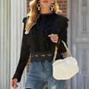 Solid Color Bottoming Sexy Hollow Lace Long-sleeved Women's Lace Shirt Jacket Top