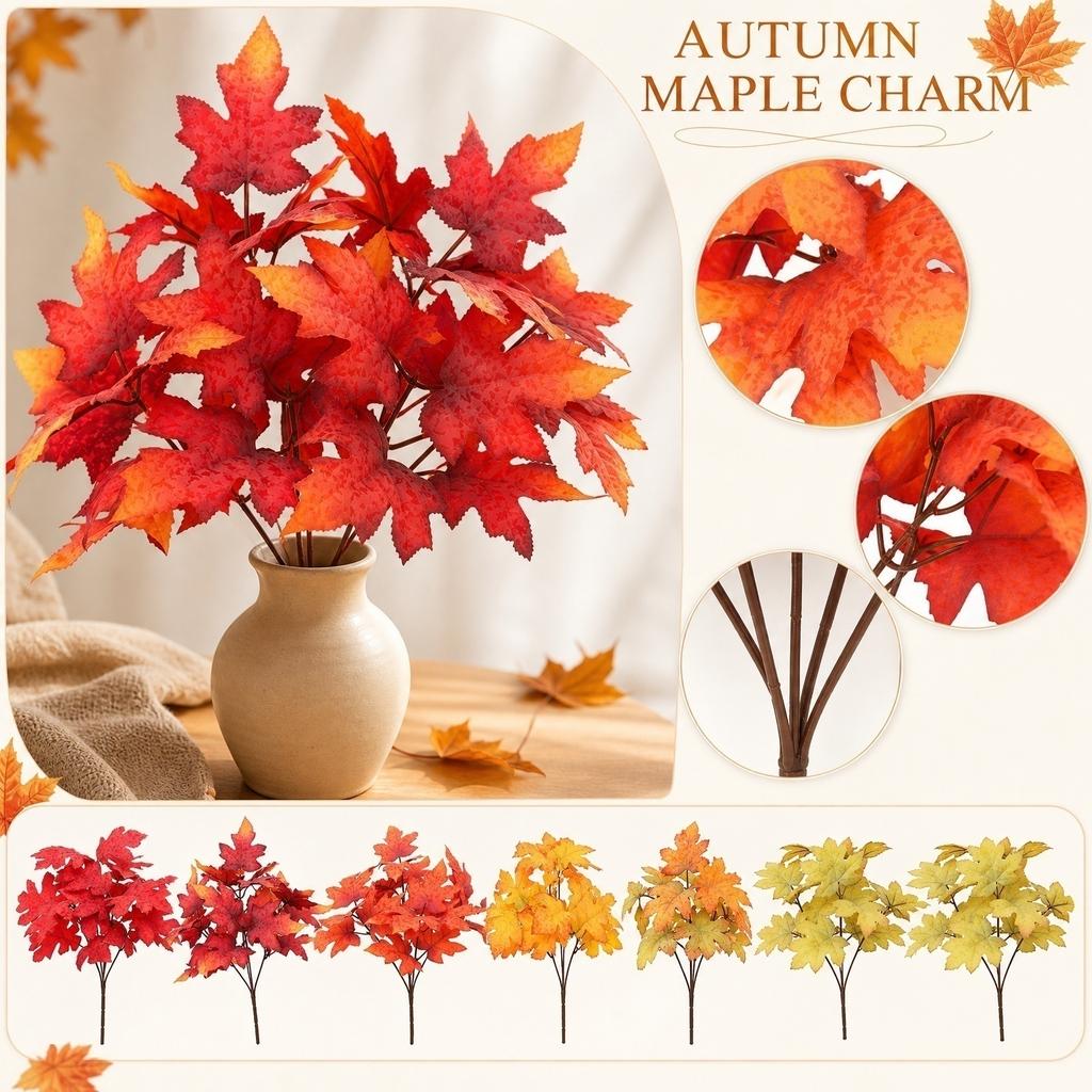 Artificial Maple Leaf Bundles for Thanksgiving Home Decor, Faux Fall Flowers Small Bouquets Centerpiece or Mantel