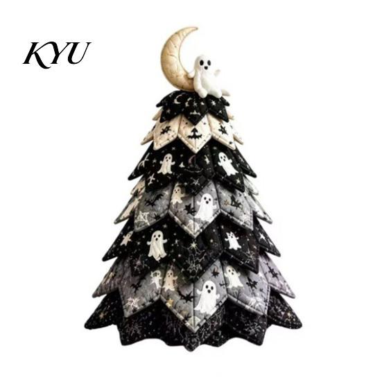 Handmade Keepsake Decor Halloween Quilted Fabric Tree Kit, Witch Cat Spider DIY Padded Craft 3D Sewing Project for Quilting Beginners, Table