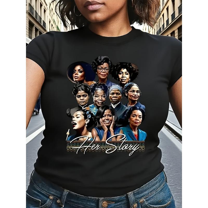 

European sizes Women s Black Empowerment Portraits & A Long Hot Story Print Crew Neck T-Shirt - Casual Short Sleeve Spring/Summer Top 4XL