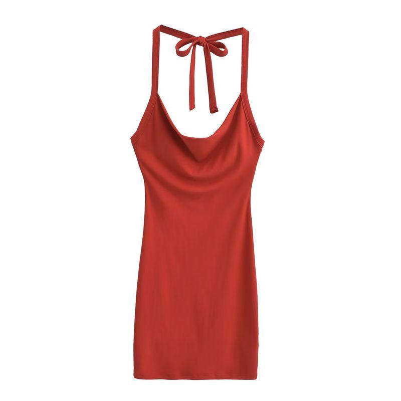 

European and American Hanging Neck Lace-up Dress Black Elegant Sexy Suspender Skirt Ins Women Swing Collar Slimming Sheath Skirts Red M