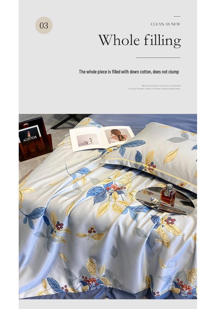 Printed Tencel Summer Quilt 4-Piece Set - Cooling Ice Silk for Naked Sleep, Smooth Gift Quilt