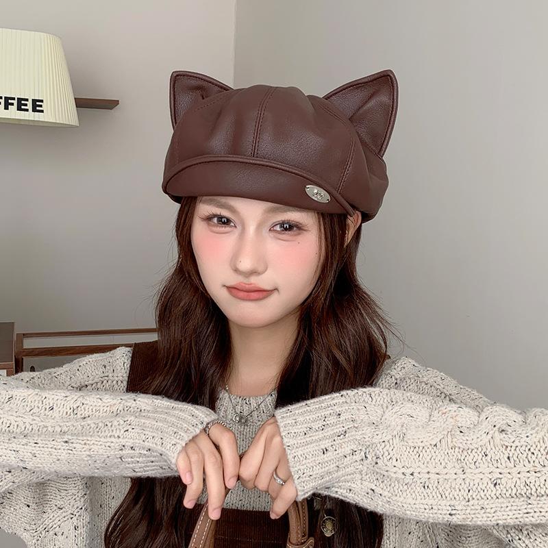 New Leather Octagonal Hat for Women In Spring and Autumn Retro Solid Color Duck Bill Cloud Beret with Face and Small Personality Painter Hat