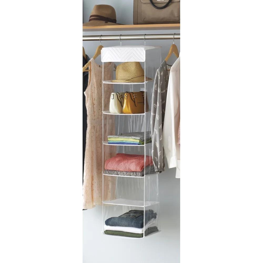 6-Shelf Hanging Organizer Clear Vinyl Sweater Shelves Space Saving Vertical Design Durable Metal Frame Clothing Accessories