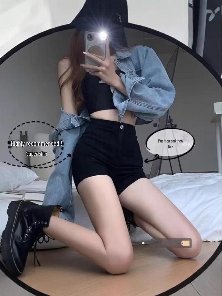 Spicy Girl 2025 Summer Women's High Waist Elastic Black Denim Shorts