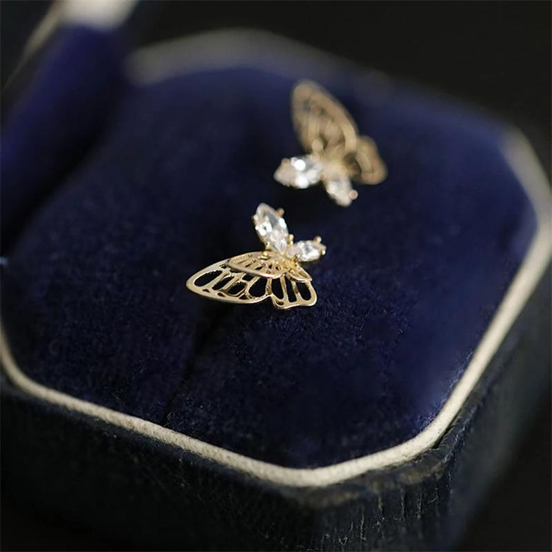 Huitan Fresh Gold Color Butterfly Stud Earrings Women Fancy Matched Earrings with Dazzling CZ Stone Aesthetic Female Jewelry New