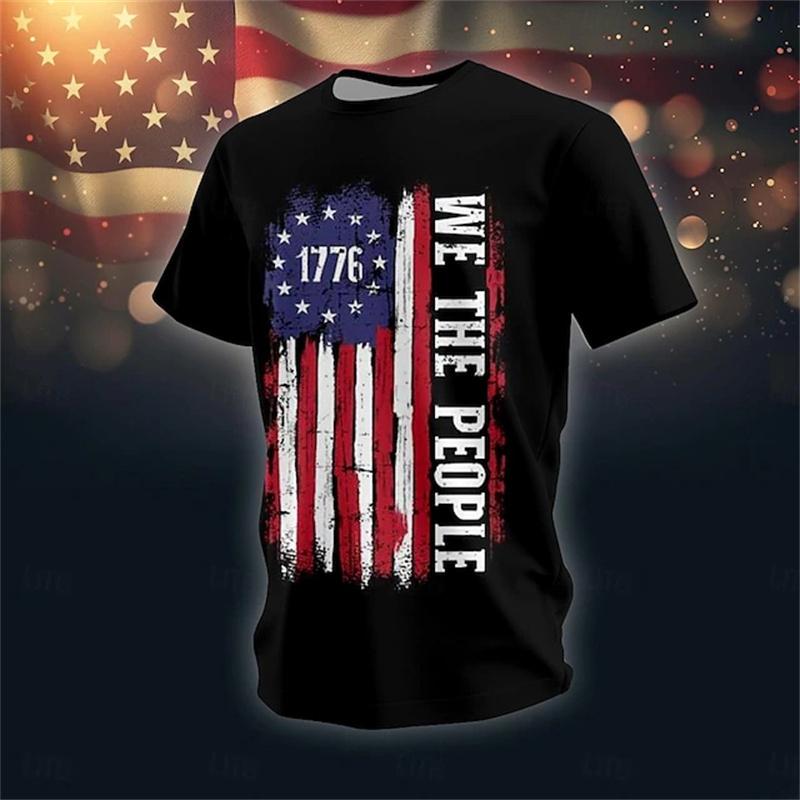 Summer Round Neck 3D Retro Flag Print Top Fashionable Casual Breathable Short Sleeved Men's T-shirts