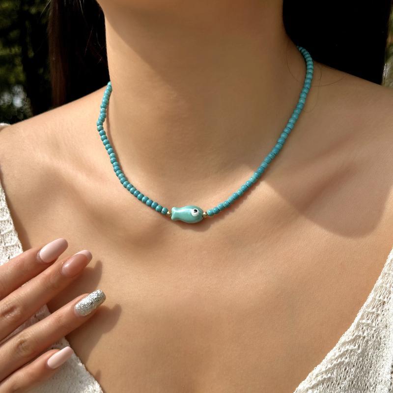 Bohemian Style Cute Ceramic Fish Pendant Rice Bead Necklace For Women Colorful Seaside Vacation Jewelry Accessories