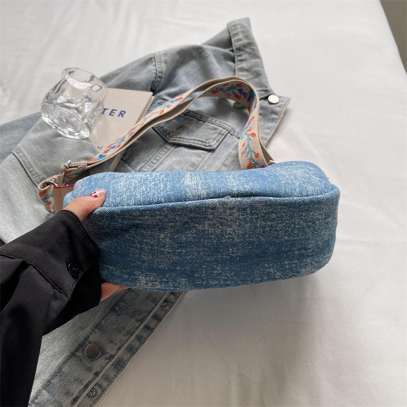 Denim Moon Bag with Colorful Strap Women's Crossbody Bag Fashionable Shoulder Bag Casual Daily Use Design