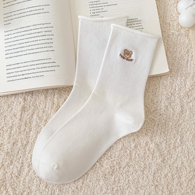 2025 Spring/Fall Women's Mid-Calf Cartoon Bear Pile Socks - Retro College Style, Warm and Rolled Edge