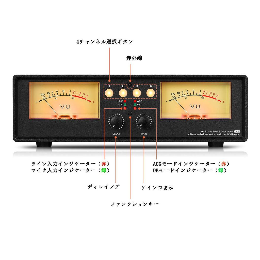 VU2 Digital Analog Dual VU Meter Audio Splitter Switcher Box with 4 Channels and Gain Adjustment
