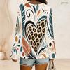 Women Plus Size V Neck Long Sleeve Heart Print Top Curved Hem