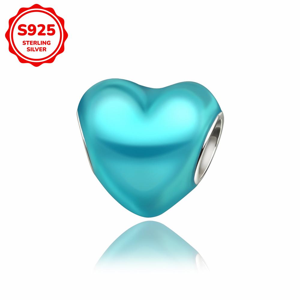 New 925 Silver Colorful Shine Heart Shaped Charms Beads Fit Snake Chain Bracelet Necklace Women DIY Fine Jewelry Gifts