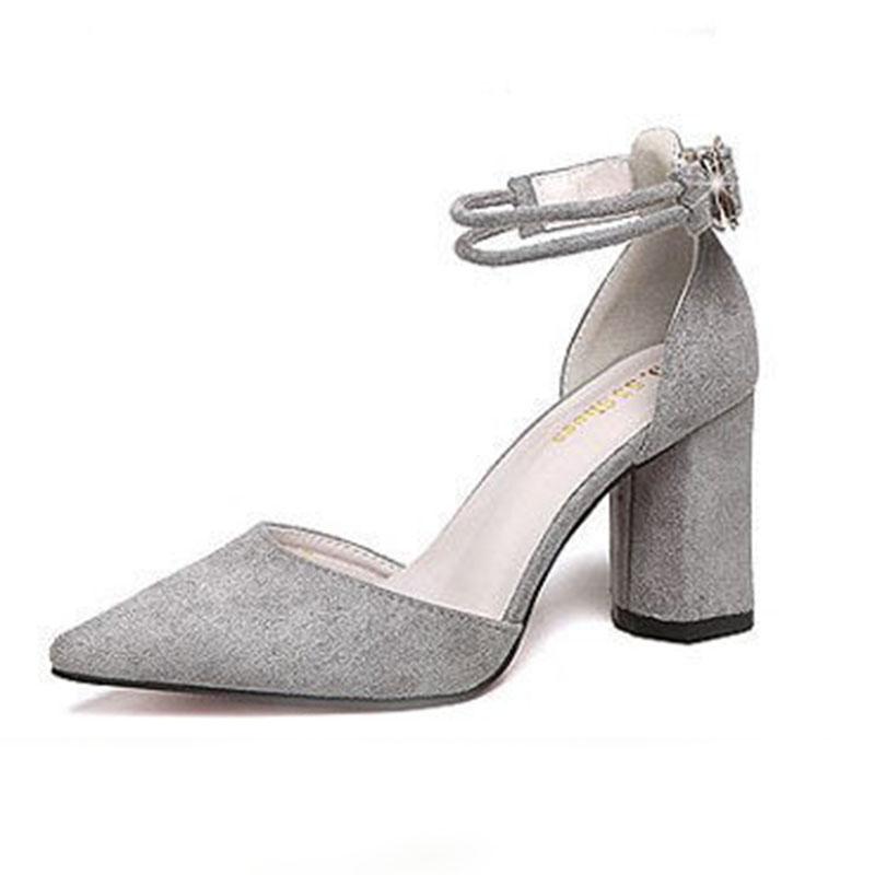 2025 Summer Square High Heels Women Shoes Flock Pointed Sandals Sexy Female Sandalias Shoes Ankle Buckle 6cm Heel Casual Pumps 40 серый