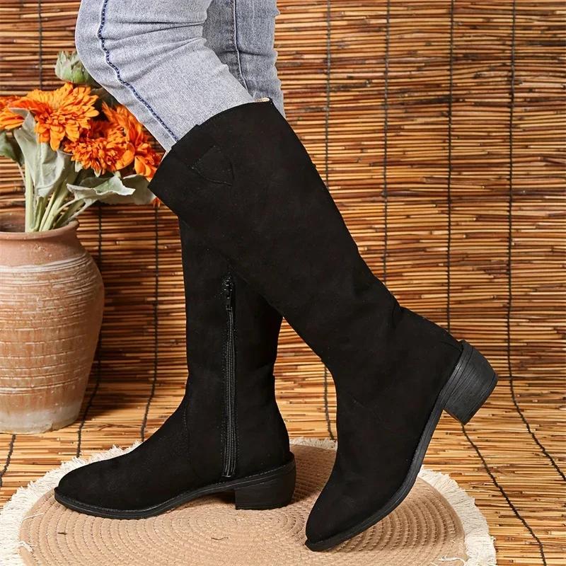 Fashion Pointed Toe Women Suede Motorcycle Boots Autumn 2024 Knee High Fashion Mid Heels Chunky Zipper Chelsea Boots Zapatos Mujer Boats
