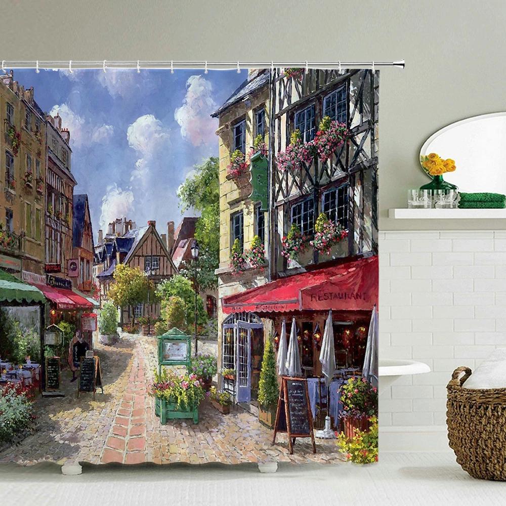 Town Street Scenery Shower Curtains Home Decor Polyester Fabric Bathroom Shower Curtains Oil Painting Waterproof Bath Curtains