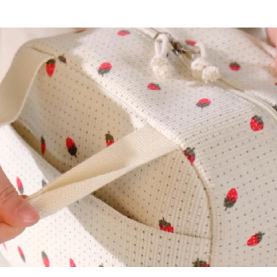 1pc Corduroy Insulation Lunch Bag Portable Hand-held Bento Bag Large Capacity Flower Strawberry Patterned Outdoor Picnic Bag